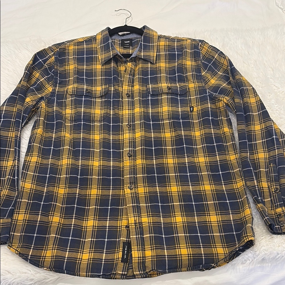 Vans Men's Blue and Yellow Plaid Shirt